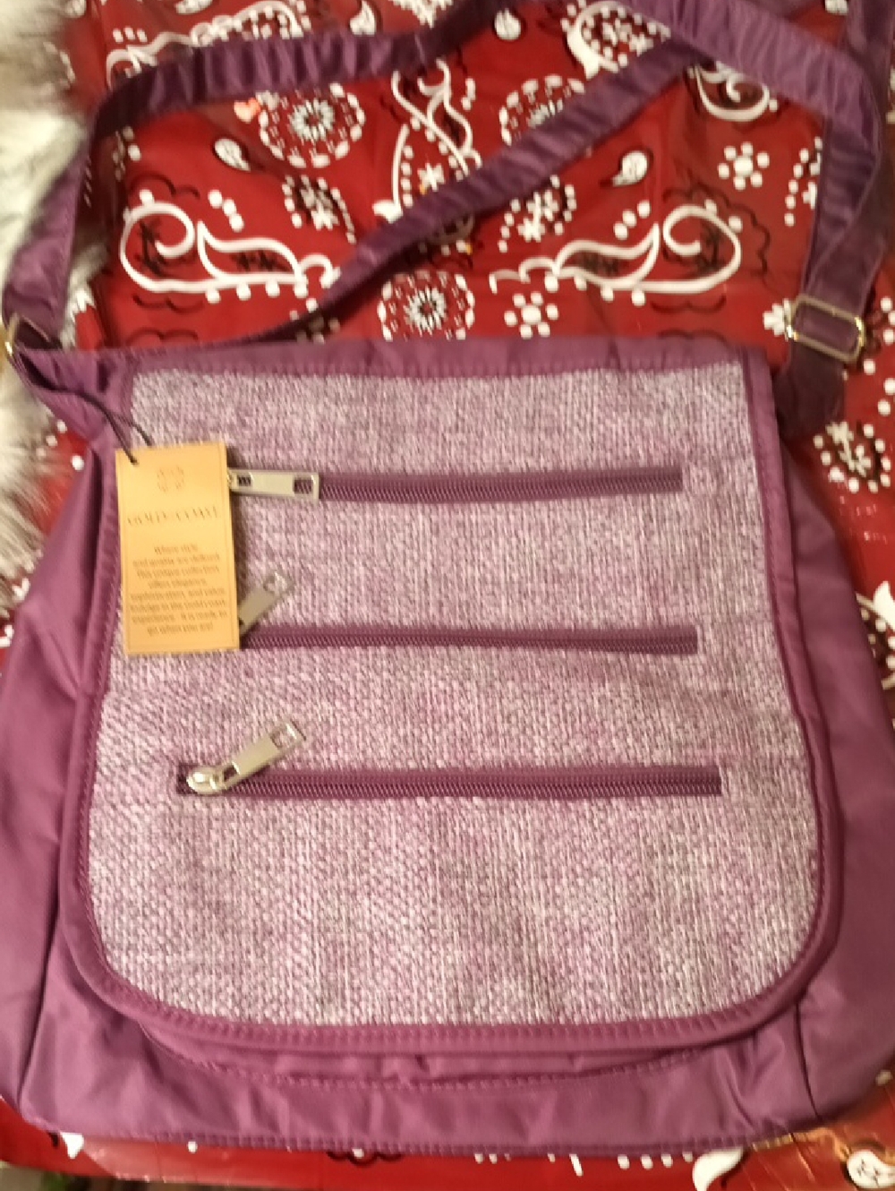 Compact Purple Crossbody Bag with Triple Zip Front Pockets